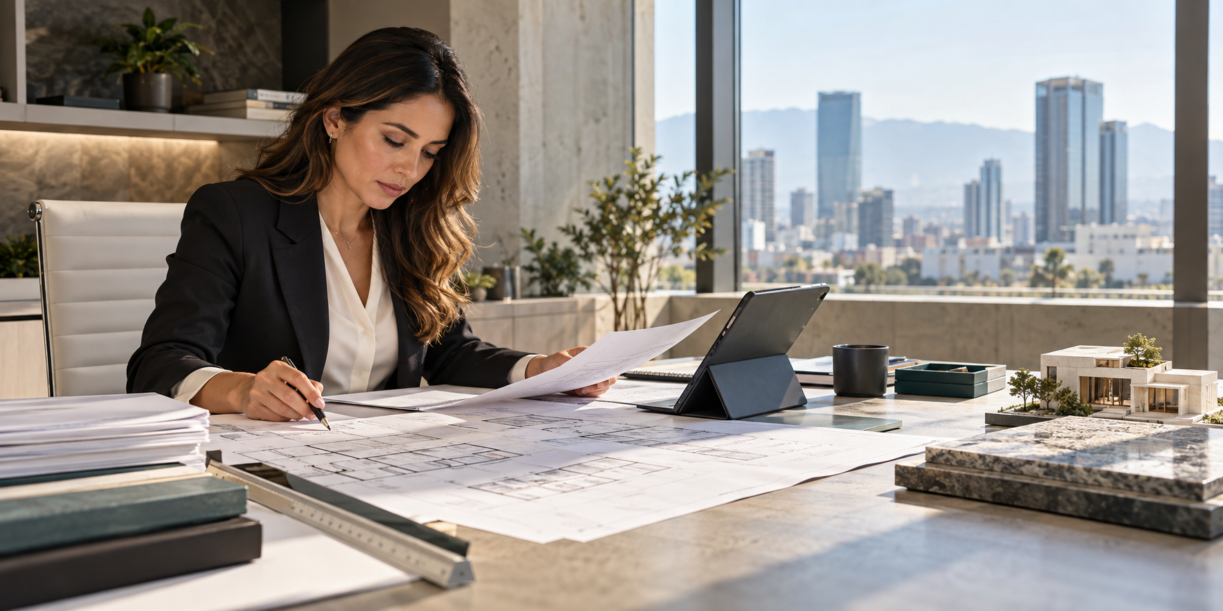 Profesional revisando planos y documentos de valuación